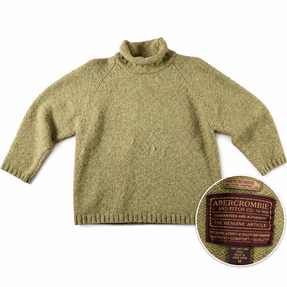 Vtg 90s Abercrombie Fitch Shetland Wool Sweater Roll Neck Olive Green Mens M/S